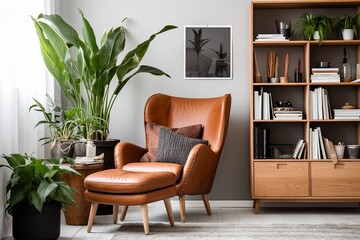 Brown Leather Chair Beauty: Scandinavian Inspired Home Office Designs with Indoor Plant Decor