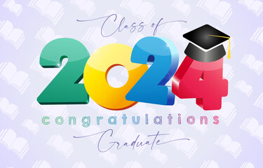 Graduating wallpaper banner for 2024 graduates. 3D style creative number 2024 with square cap. Web icon. Educational background with open books, notebooks. Isolated elements. Prom invitation template