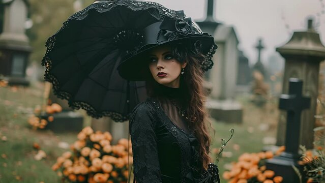 Surrounded by gravestones and wilted flowers a goth girl poses in a vintageinspired black dress topped with a widebrimmed hat and a lace parasol.