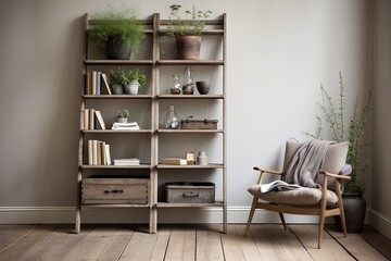 Fototapeta na wymiar Farmhouse-Style Wooden Shelving Unit for Scandinavian Inspired Home Office Designs