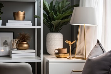 Golden Bohemian Touch: Scandinavian Inspired Home Office Designs with Glamorous Lamp Stand