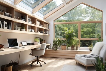 Fototapeta premium Natural Light Scandinavian Inspired Home Office Designs: Windows, Walls, and Sleek Design