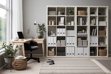 White Bookcase Grid: Scandinavian Inspired Home Office Designs with Patterned Rug