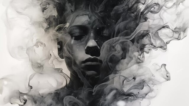  man portrayed through smoke art abstract ink forming. seamless looping overlay 4k virtual video animation background 