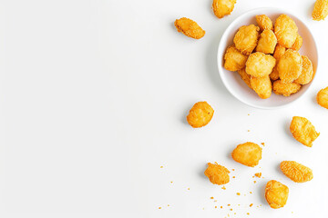 Flat lay fried chicken nuggets banner with white background. - obrazy, fototapety, plakaty