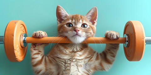 cute cat lifting an orange barbell on green background, healthy diet concept - obrazy, fototapety, plakaty