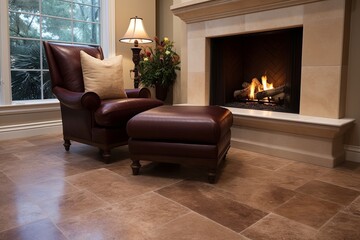 Fototapeta premium Travertine Tile Flooring Ideas: Cozy Seat Brown Leather Fireplace Aesthetic