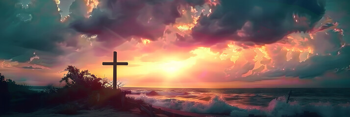 Cross of Jesus Christ on sunset sky background. Christian religion concept. - obrazy, fototapety, plakaty