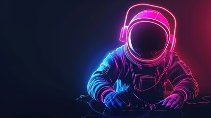Neon Sign that shows djing astronaut, cute, only silhouette, totally dark background, subject neon light, dynamic