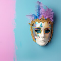 Carnival Party concept. Mardi gras carnival mask on pastel background copy space. Generative AI