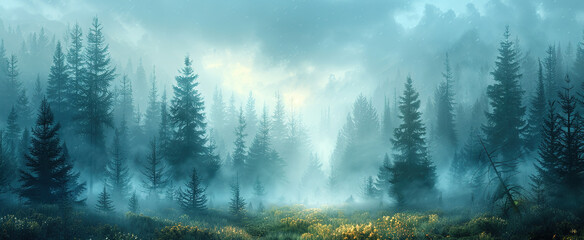 Misty morning in the forest. Created with Ai - obrazy, fototapety, plakaty
