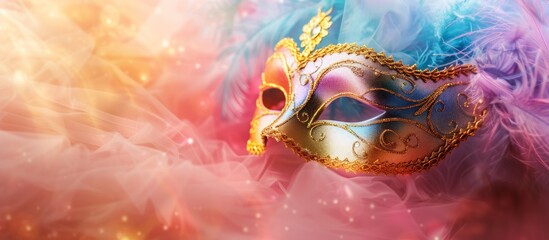 Colorful feathers and beads and Mardi Gras carnival mask on abstract background, top view. Generative AI