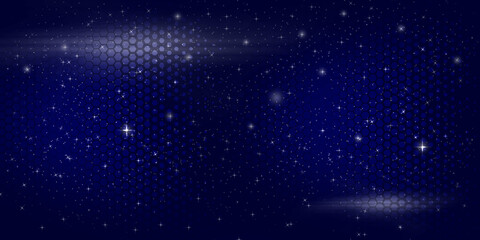 Naklejka na ściany i meble Gradient dark blue background. hexagon mesh and many stars with glowing light.
