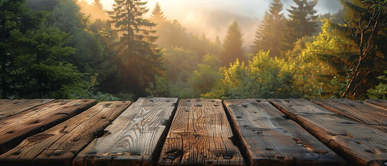 Wooden surface background with forest background behind.