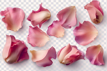 Pink roses and petals of pink roses, isolated background, generated ai