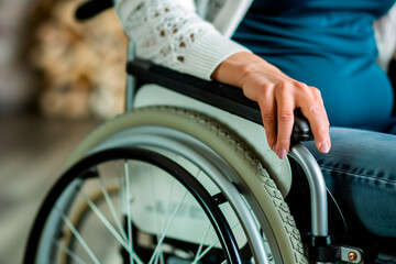 Obraz premium Close-up detail of a woman's hand behind the wheel of a wheelchair. Rehabilitation and medicine