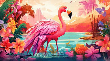 Fototapeten Hawaiian luau scene background featuring flamingo © Graphicgrow