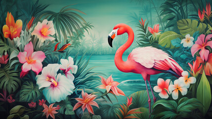 Hawaiian luau scene background featuring flamingo - obrazy, fototapety, plakaty