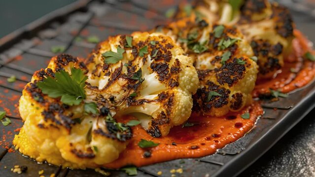 Fireroasted cauliflower steaks on a bed of creamy polenta drizzled with a smoky red pepper coulis. The charred edges of the cauliflower give a wonderful depth of flavor to