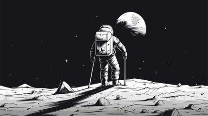 Abstract astronaut planting a flag on the newly discovered moon. simple Vector art - obrazy, fototapety, plakaty