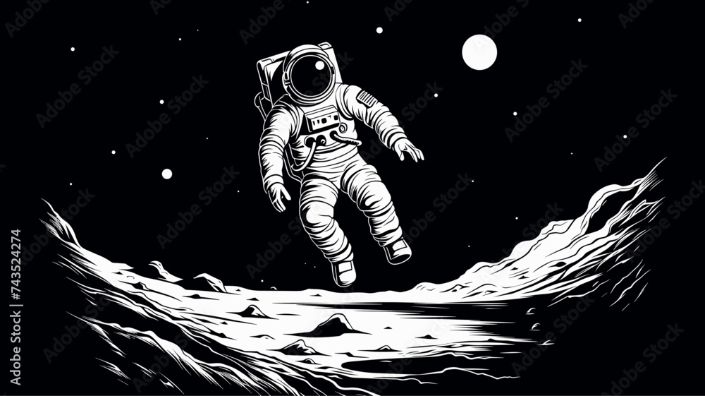Wall mural abstract astronaut floating above the moon surface during landing. simple vector art