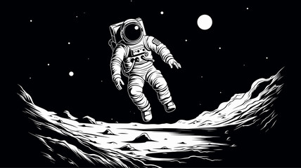 Abstract astronaut floating above the moon surface during landing. simple Vector art - obrazy, fototapety, plakaty