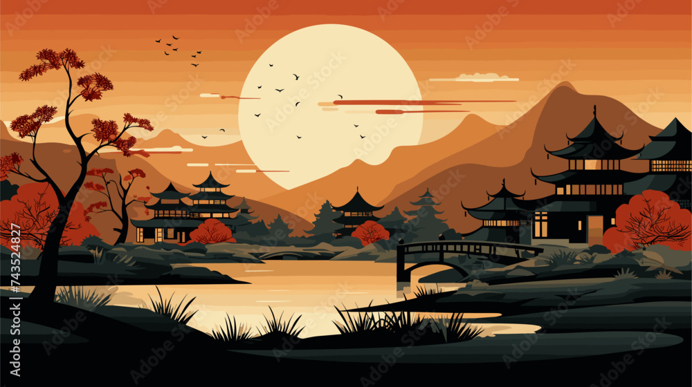 Canvas Prints Abstract rural landscape with traditional Chinese architecture and festivities. simple Vector art - Canvas Prints