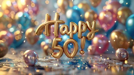 Fotobehang Celebrating 50, happy text in festive font, marking a joyful milestone, perfect for birthday invitations, anniversary announcements, or celebratory designs with a cheerful and vibrant theme © Ruslan Batiuk