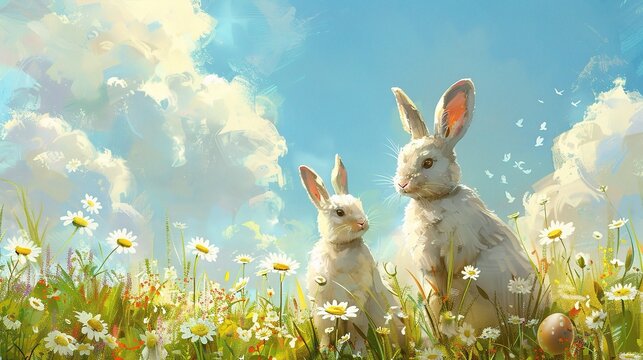 Easter landscape, bunnies with colorful eggs and daisy flower on meadow under beautiful sky