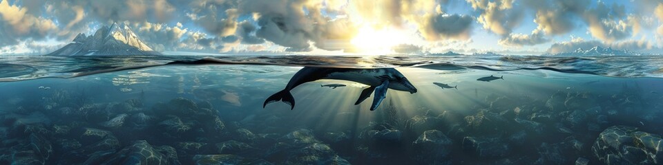 Whales swim in the vast ocean and bright sky - obrazy, fototapety, plakaty
