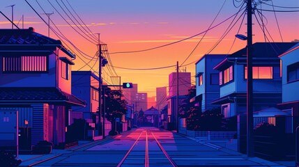 Dawn breaks over a Japanese city street. This digital illustration depicts a deserted urban road flanked by traditional and modern houses under a sky transitioning from night to day.