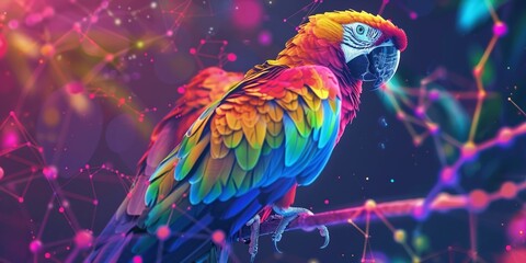 Parrot delivering messages in a blockchain network elves and Yakuza allies - obrazy, fototapety, plakaty