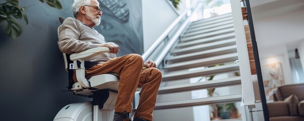 Comfortable stairlift ascending elderly person with a relaxed expression