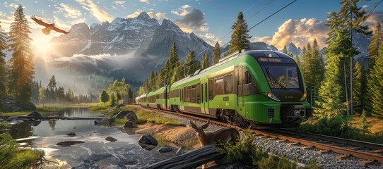 An Eco-Friendly Train Glides through a Breathtaking Mountain Landscape at Dawn, Generative AI - obrazy, fototapety, plakaty