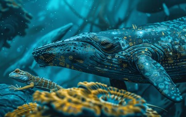 A whale and lizard exploring a Bronze Age Indus Valley with futuristic technology and electric blue energy