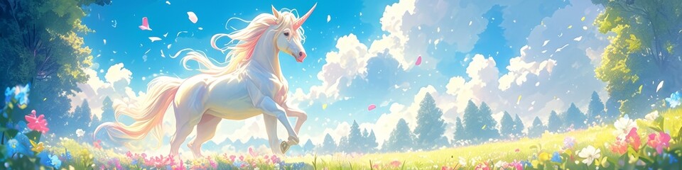 Obraz na płótnie Canvas A whimsical unicorn prancing through a meadow