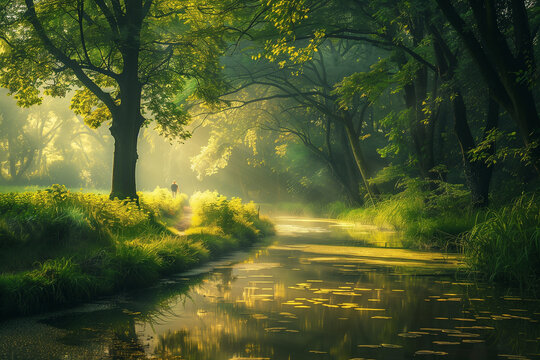 Realistic photo landscape of green tree forest and creek 