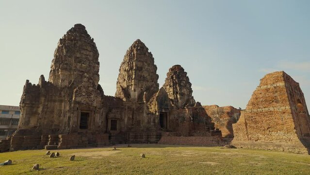 Wat Phra Prang Sam Yot, ancient architecture in Lop Buri Province in Thailand. Phra Prang Sam Yot temple with monkey, ancient architecture in Lopburi, Thailand