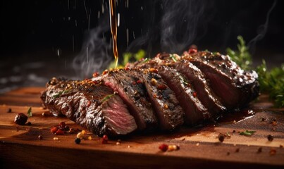 Savory Slices: A Mouthwatering Steak Being Precisely Cut on a Wooden Board - obrazy, fototapety, plakaty