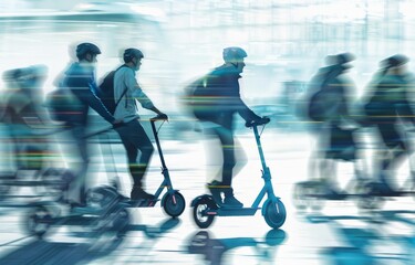 Obraz premium A conceptual image of people using electric scooters and bikes promoting clean transport systems and reduced energy use