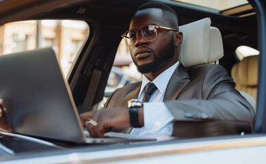 An African-American businessman sits with a laptop in an expensive car and keeps working