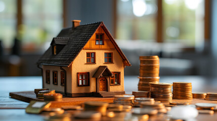 Stack of coins and a model house representing that investment and real estate transactions.