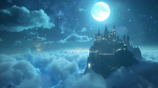 A celestial city floating on a cloud illuminated by ethereal moonlight © Shutter2U
