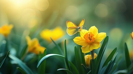 Easter spring flower background; fresh flower and yellow butterfly on green background