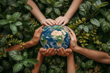 Multiple hands of diverse people come together to tenderly cradle a globe surrounded by lush green foliage, symbolizing unity, environmental care, and our collective responsibility towards Earth.