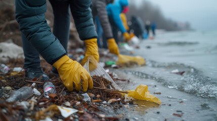 Volunteers clad in orange gloves and waterproof gear diligently pick through seaweed and debris along the shore, contributing to a beach cleanup effort.