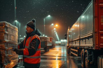 A dedicated worker, wearing a reflective safety vest and beanie, secures cargo during a snowy night shift at a freight transport area.