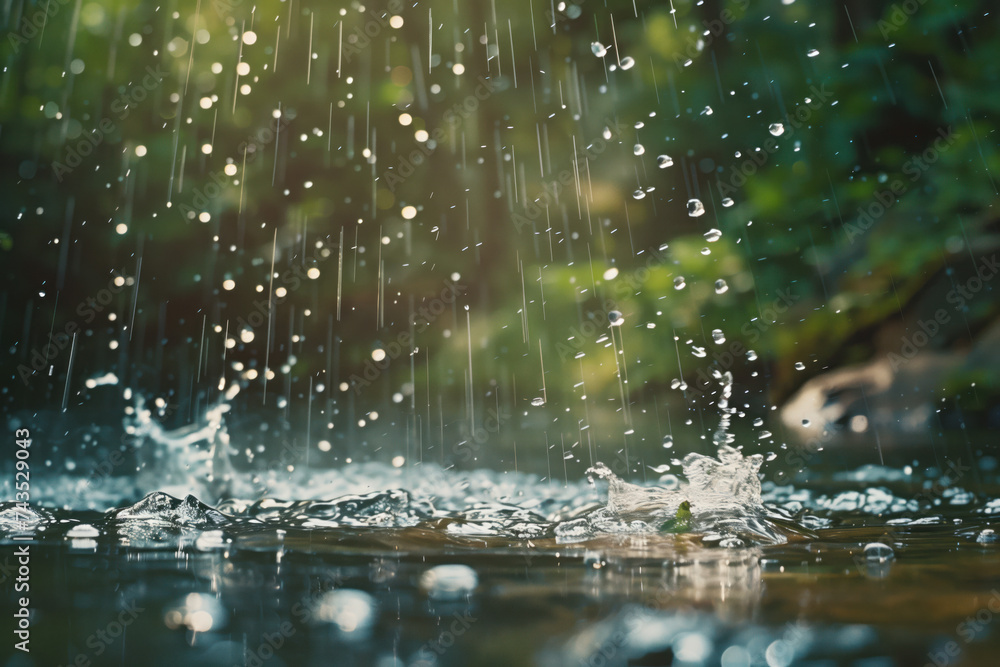 Poster water splash in the forest. water is the source of life. a slide background for showcasing the impor