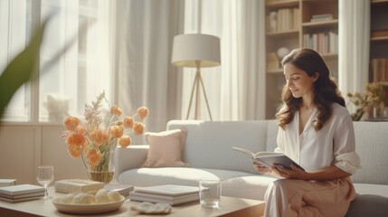 Woman reading peacefully at home, tranquil, cozy, elegant living space, leisurely morning
