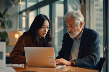 Mature Latin manager mentor talking to young Asian female coworker showing online project results at meeting. Two happy diverse professional executives team working in office using pc laptop